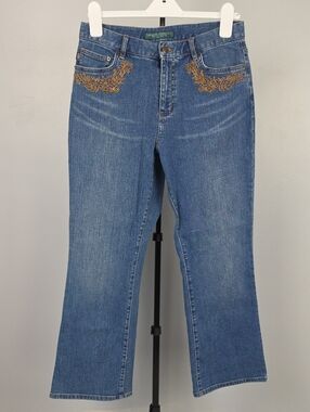 Vtg Y2K Lauren Ralph Lauren Embroidered Bead Blue Jeans, Size 10 Petite